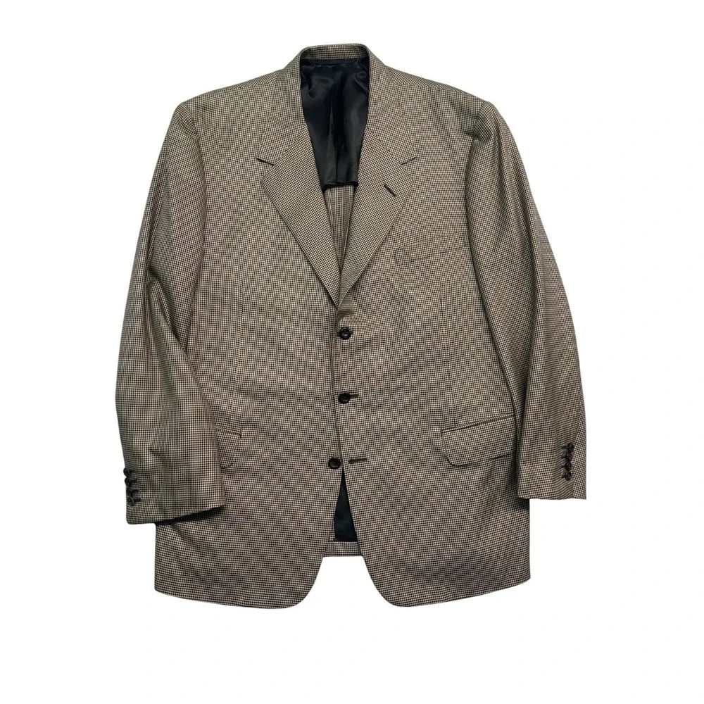 Oxxford 48L Beige Black Houndstooth Silk Wool Blazer Jacket Sport Suit Coat USA